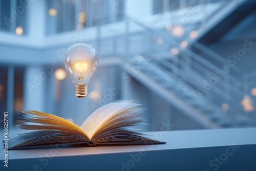 An open book with an illuminated light bulb floating above it, symbolizing the idea of knowledge and inspiration 