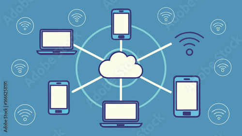 Cloud computing network illustration with connected laptops and smartphones using wireless internet technology concept  
