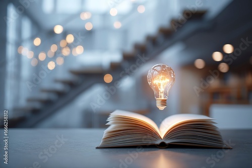 An open book with an illuminated light bulb floating above it, symbolizing the idea of knowledge and inspiration