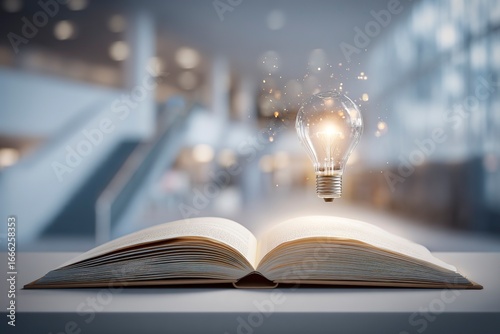 An open book with an illuminated light bulb floating above it, symbolizing the idea of knowledge and inspiration 