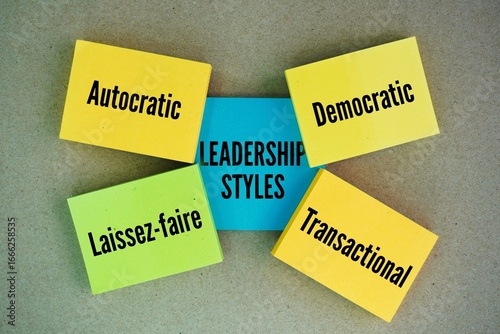 Colored paper with the word Leadership Styles are autocratic, democratic, laissez-faire, and transactional. Each style takes a different approach to leading others and has its own strengths and weakne