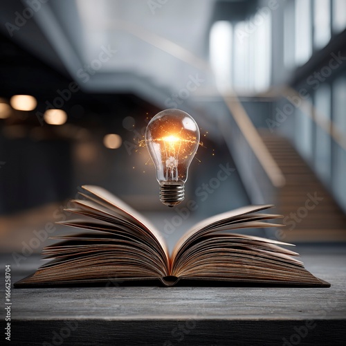 An open book with an illuminated light bulb floating above it, symbolizing the idea of knowledge and inspiration