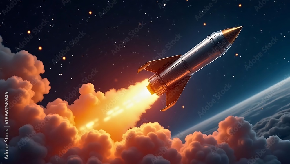 Fototapeta premium Rocket Launch into Outer Space with Bright Flame Trail