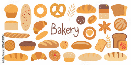 Assorted bakery products illustration with bread pastries and the word bakery