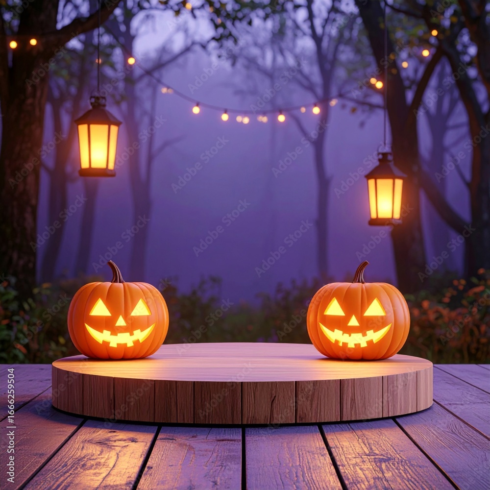 Obraz premium Glowing Pumpkins on Wooden Platform with Forest Background and Lanterns at Night