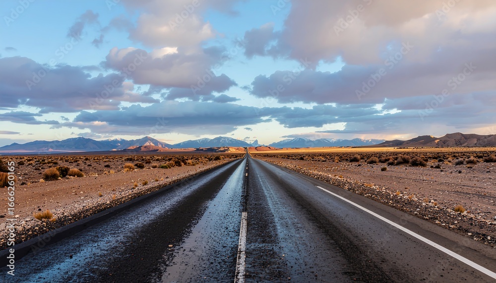 Naklejka premium Wet Desert Road Leading Towards Mountains Under Cloudy Sky.