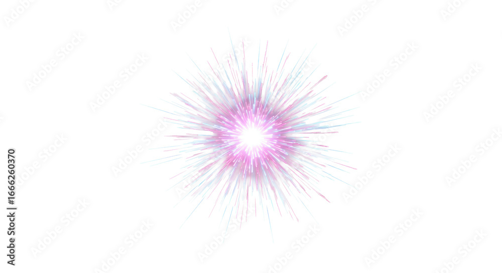 Fototapeta premium Ethereal abstract light formation with crisp radial streaks and blue-pink gradients, emanating on a soft grey-to-white background, ample copy space. Concept of digital transformation, data