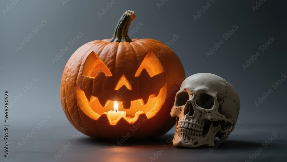 Fototapeta premium Classic Halloween elements presented, with a pumpkin lantern and a skull combined to create a mysterious and festive scene.