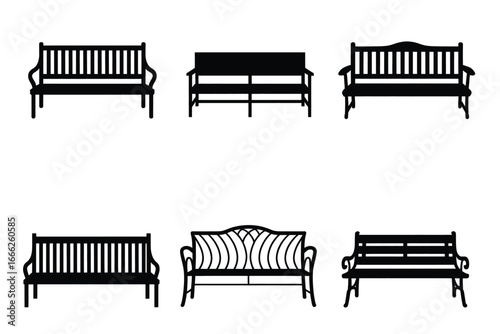 Black park benches with slatted seats and backs outdoor seating