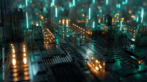 Wallpaper Mural Futuristic circuit board city, glowing with cyber energy. Abstract night circuit city backdrop with mock up place in sky. Smart city, ai and digital transformation concept. Double exposure Torontodigital.ca