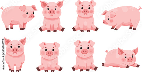Cute pink piglets cartoon illustrations, adorable farm animals, baby pigs, happy livestock, playful pig drawings, children’s animal characters
