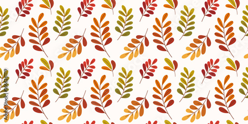 Rectangular autumn seamless pattern with rowan twigs in red, yellow and green colors on white backdrop. Hand drawn flat vector illustration. Ideal for background, print, cover, packaging, wallpaper.