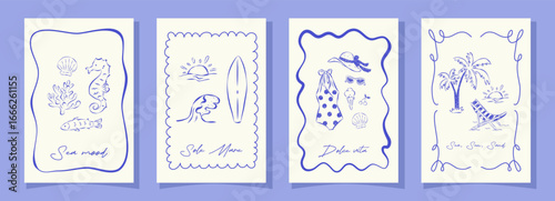 Collection trendy cards in retro sketch dolce vita style on white backdrop. Summer hand drawn illustrations in whimsical frames and handwritten text. Versatile template for background, poster, cover