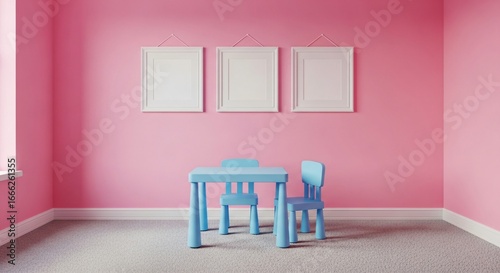 Charming blue childs table and chairs in a bright pink room