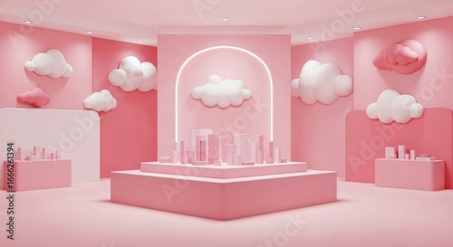 Dreamy pink studio with clouds, perfect for branding, product display, or design
