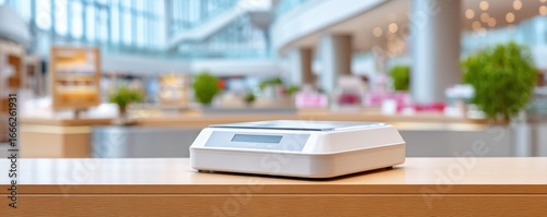 Infectious Disease Pandemic Preparedness. Modern scale on a wooden counter in a bright, spacious retail environment.