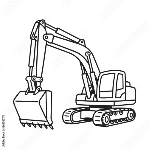 Black and white line art illustration of a large excavator with bold outlines for coloring activity.