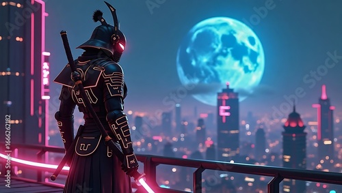 Cyber Samurai Warrior Overlooking Futuristic Neon City