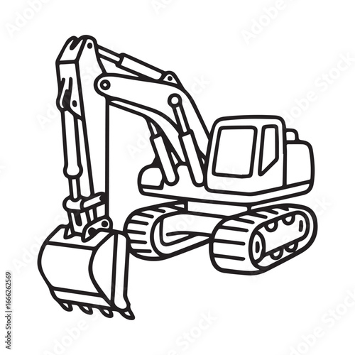 Black and white line art illustration of a large excavator with bold outlines for coloring activity.
