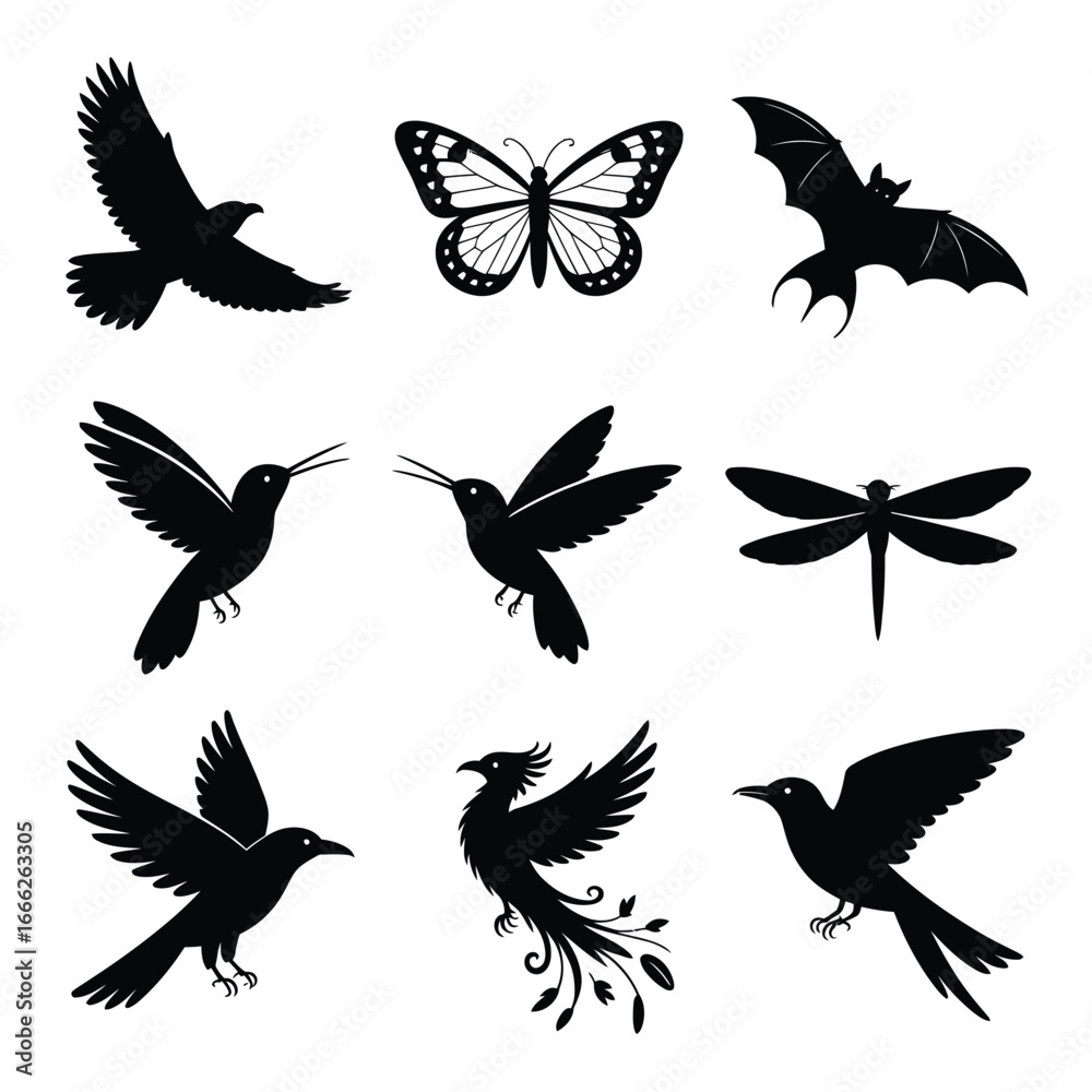 Fototapeta premium Black silhouette illustrations of flying birds and insects
