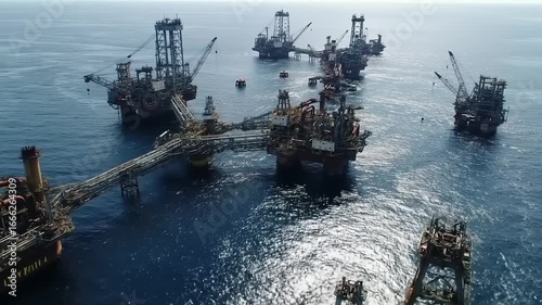 Aerial view of multiple oil rigs operating in the ocean, showcasing machinery and equipment against a serene seascape