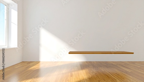 An empty room with a wooden shelf, bathed in natural sunlight, showcases a bright and airy interior design.