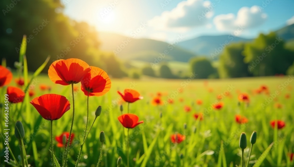 Naklejka premium Sun-drenched meadow, vibrant red poppies bloom amidst lush green grass, green, stem, colorful