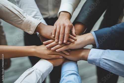 Diverse team members join hands in a powerful symbol of unity collaboration and shared success