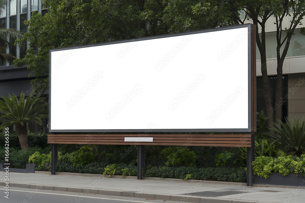 Fototapeta premium Blank billboard advertisement outdoor location city street with trees and buildings display space