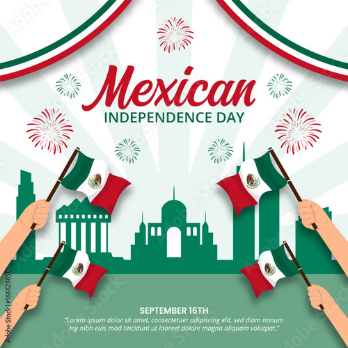 Mexican Independence Day design with hands and waving flags