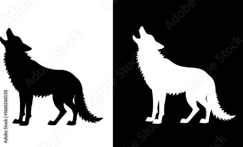 Minimal wolf silhouette vector design, black and white howling artwork, strength, wilderness, freedom symbol