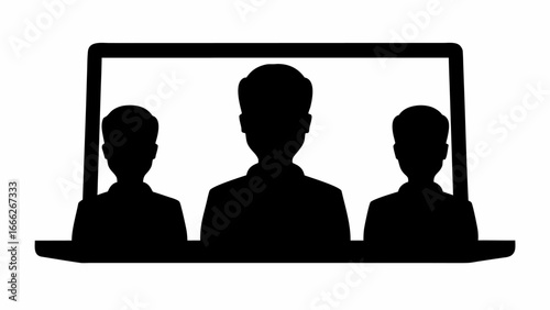 Silhouette of three people on a laptop screen representing a virtual meeting or video conference call | editable eps vectors