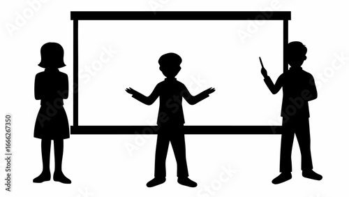 Silhouette of three people standing in front of a whiteboard giving a presentation in a dark room setting | editable eps vectors