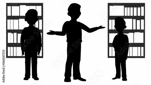 Silhouette illustration depicting an adult presenting to two children near bookshelves in black and white | editable eps vectors