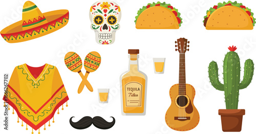 Mexican culture elements, sombrero, tacos, tequila bottle, maracas, sugar skull, cactus, poncho, guitar, Cinco de Mayo, traditional fiesta icons