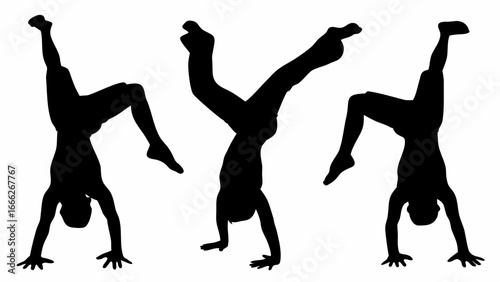 Silhouette of three people doing handstands with legs in different positions against a white background | editable eps vectors