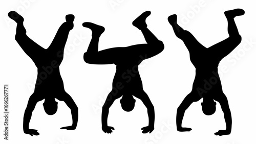 Silhouette of three people performing handstands in different poses against a white background visible | editable eps vectors