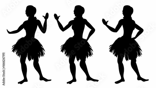 Silhouette illustration of three women in hula skirts performing a traditional hawaiian dance together | editable eps vectors