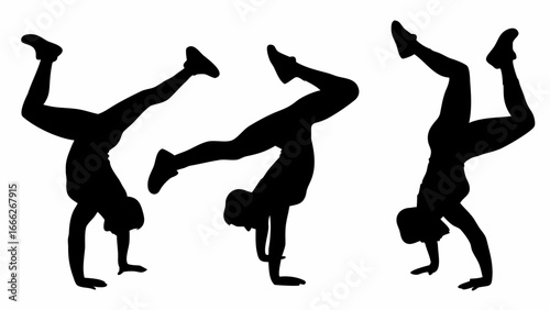 Three silhouettes of people doing handstands in various poses against a white background showcasing balance | editable eps vectors