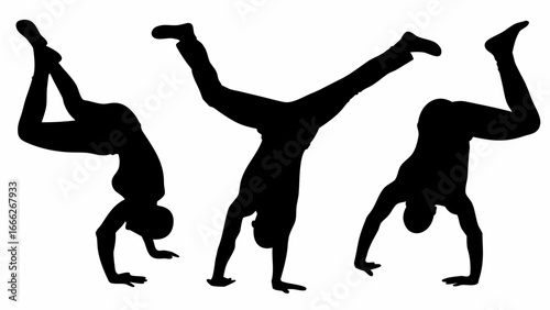 Three silhouettes of people performing handstands and acrobatic poses on a white background in a row | editable eps vectors