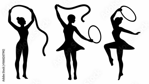 Three silhouette gymnasts performing with ribbon and hoop in artistic rhythmic gymnastics style art work | editable eps vectors