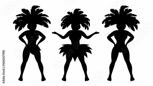 Silhouette of three dancers with feather headdresses and skirts performing a rhythmic dance routine together | editable eps vectors