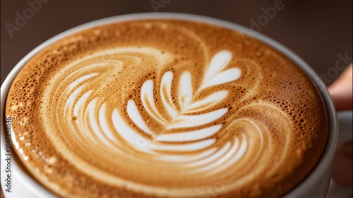 Barista skillfully latte milk into a coffee cup, crafting intricate pouring art designs that enhance the beverage's visual appeal video 4k