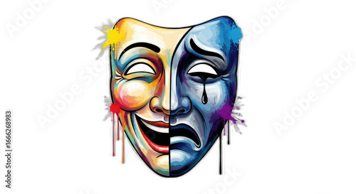 A split face mask showing happy and sad emotions with colorful paint splatters on black