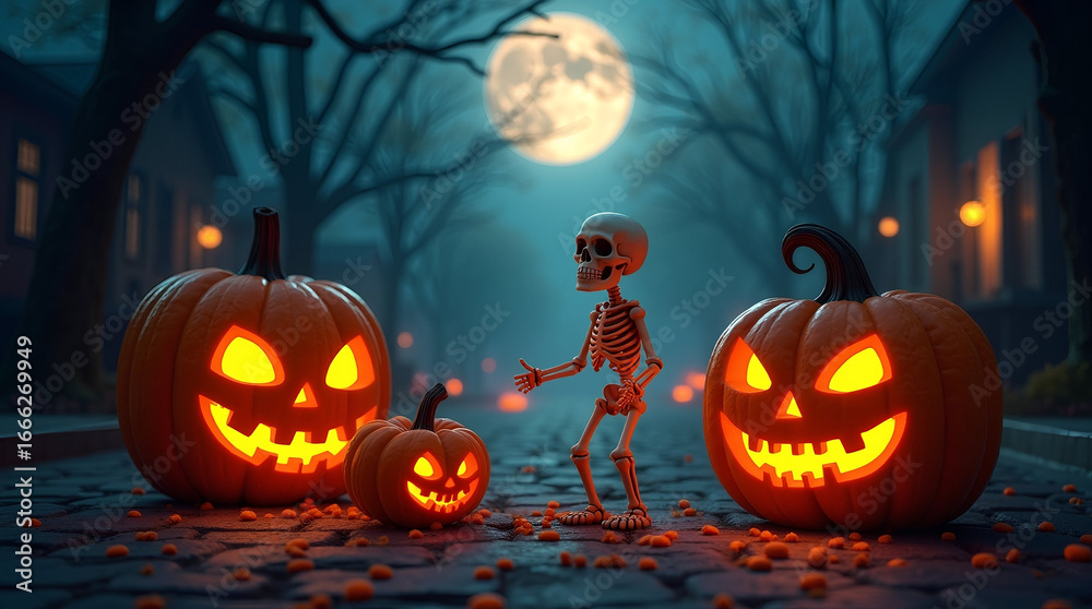 Fototapeta premium Glowing Pumpkins & Skull on a Foggy Halloween Night