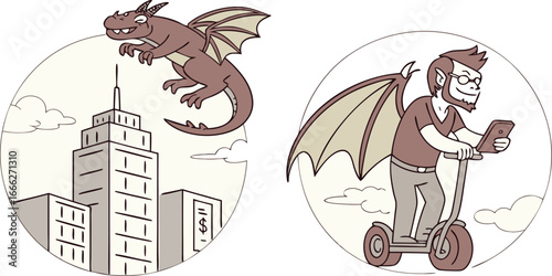 Dragon rides a scooter behind a person walking with a laptop near a skyscraper