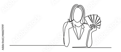 continuous line art of a successful young woman holding a lot of money.