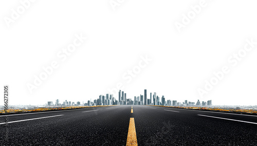 Fototapeta Naklejka Na Ścianę i Meble -  highway with city skyline in the background, on a white transparent background, in png format