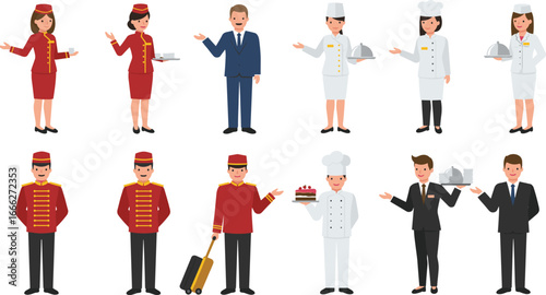 Hotel staff illustration set, including bellboys, chefs, waiters, and concierge in uniform, hospitality service, customer care, teamwork.