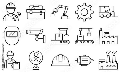 Line icons of industrial workers and machinery concept of set icon  